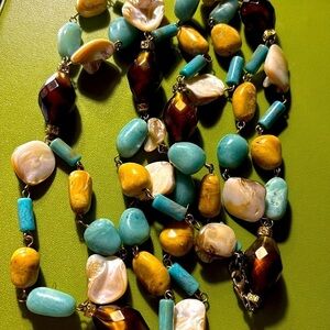 Tri colour beaded double strand necklace in turquoise beige and brown